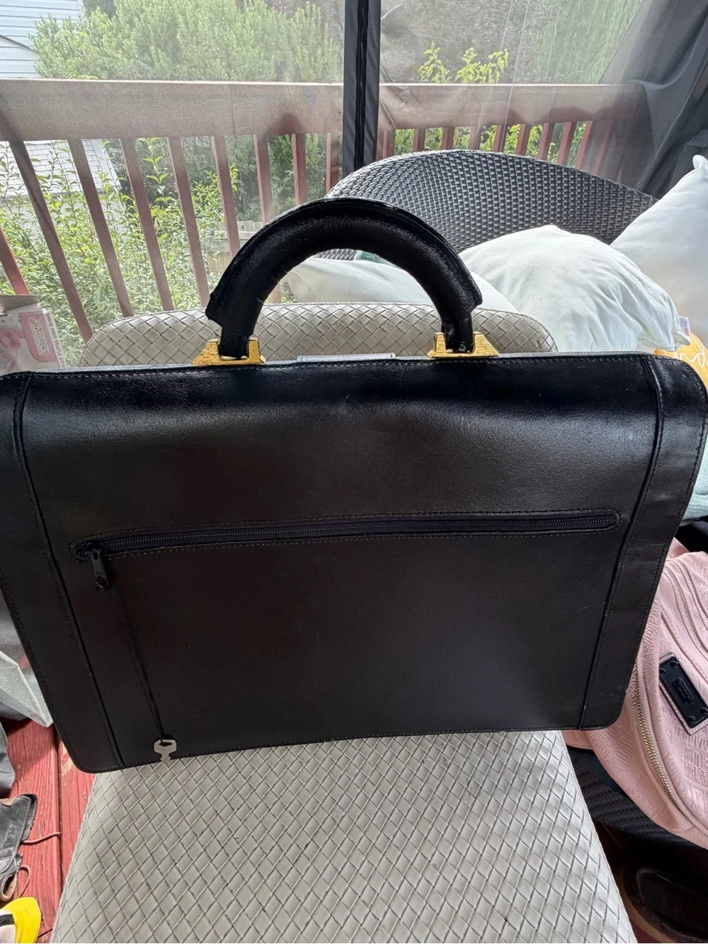 Men's Black Leather Briefcase with Gold Hardware - Classic Professional Style
